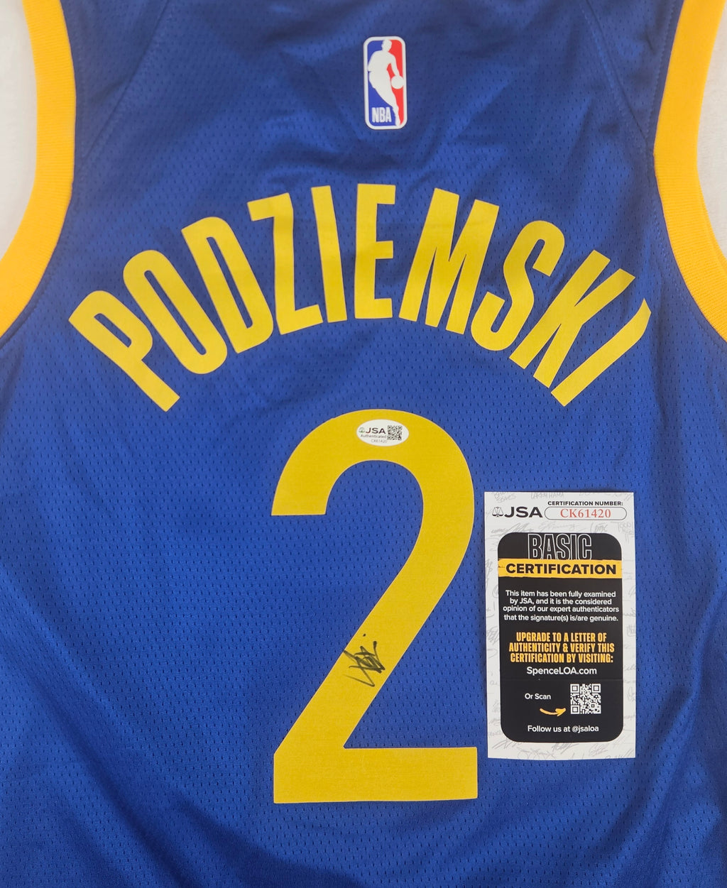 Brandin Podziemski Signed Autographed Golden State Warriors Jersey JSA COA