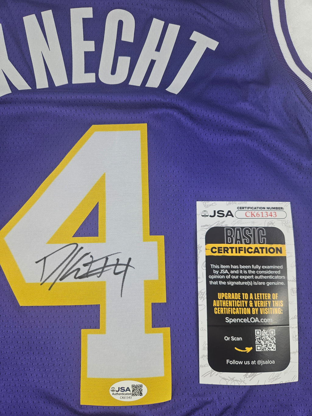 Dalton Knecht Signed Autographed Jersey Los Angeles Lakers JSA COA